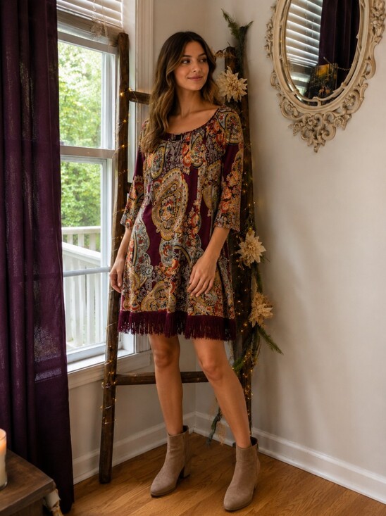 Honeyme Dresses & Skirts - Boho Burgundy Floral Paisley Dress Fall Festival Western